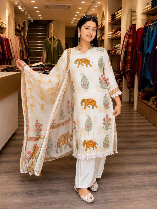Ivory Elephant Printed Suit Set