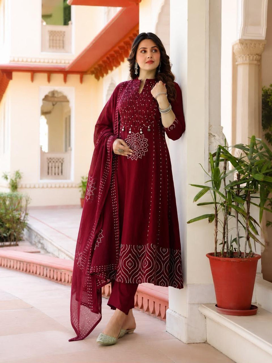 Maroon Heritage Mirror Suit Set