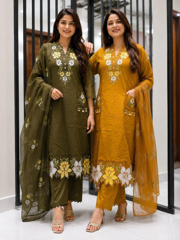 Olive Blossom Embroidered Suit Set